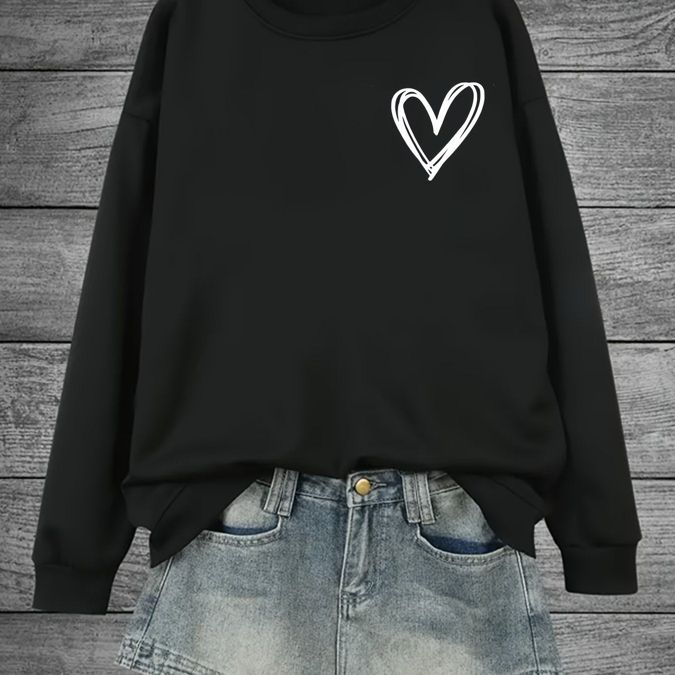 Women's Oversized Cotton Sweatshirt with Black Heart Print Casual Pullover