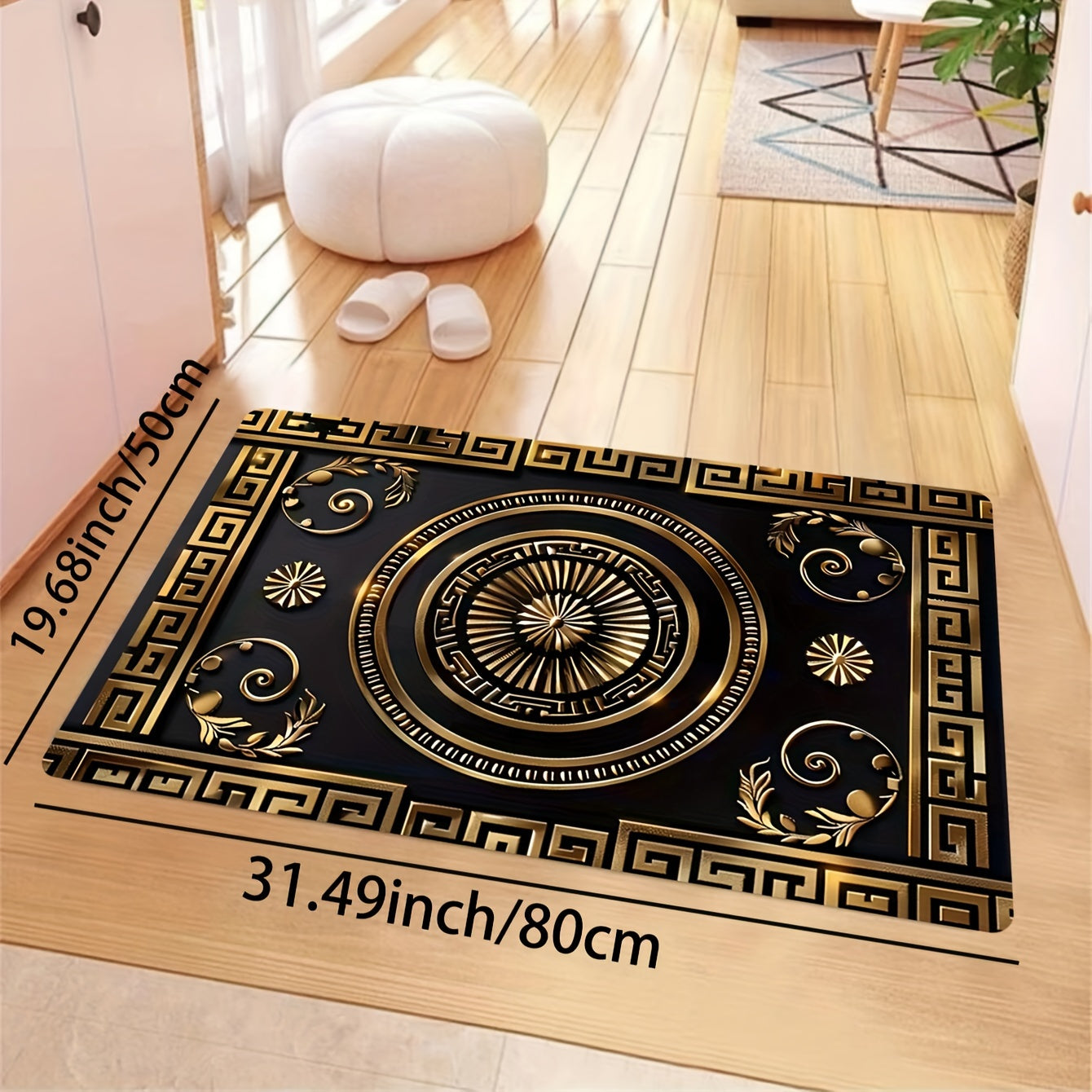 Qora va oltin naqshli to'rtburchak gilam oshxona, mehmonxona, yotoqxona, ichki eshik uchun mato