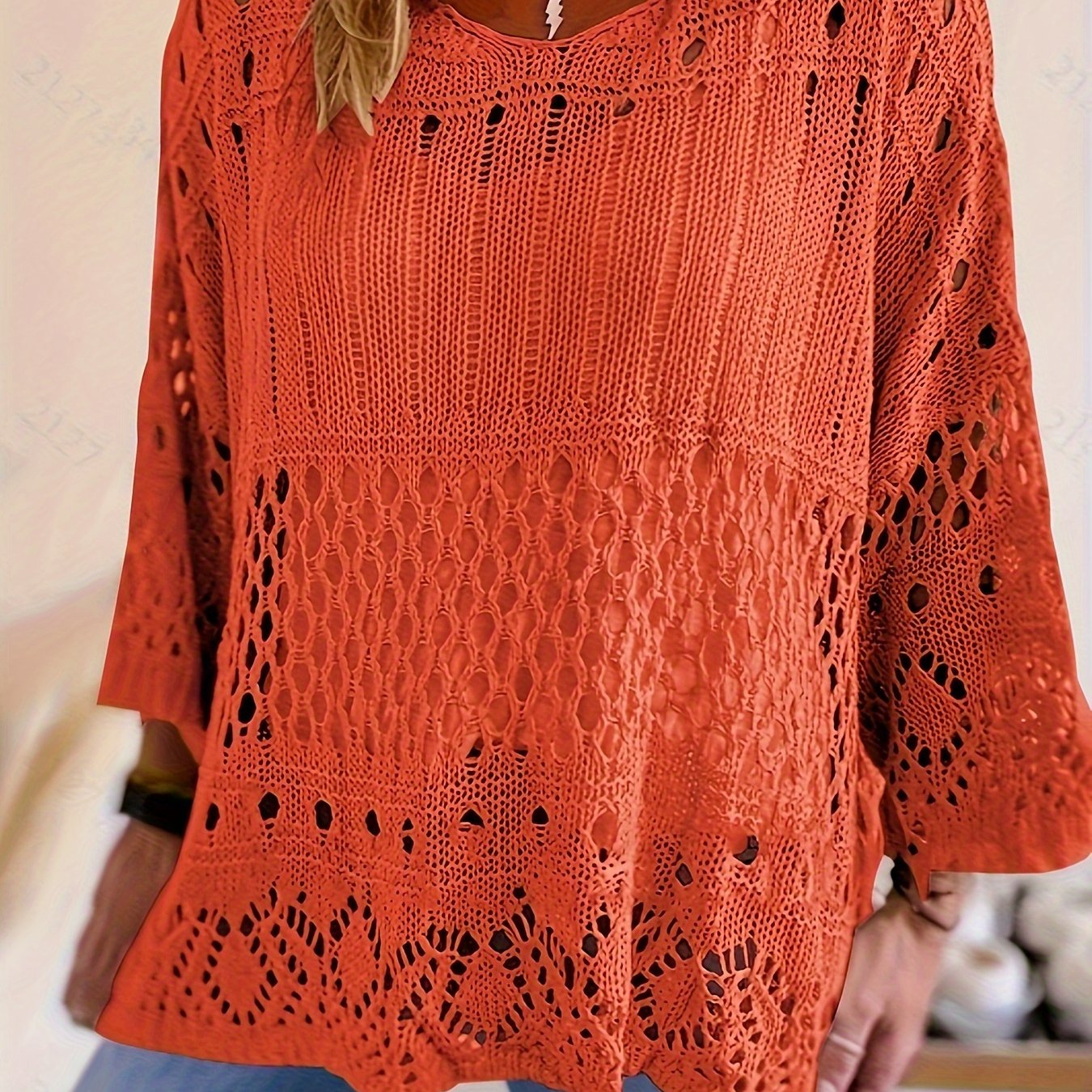 Plus Size Oversized Knitwear Layered Top with Sun Protection and Cut-Out Design