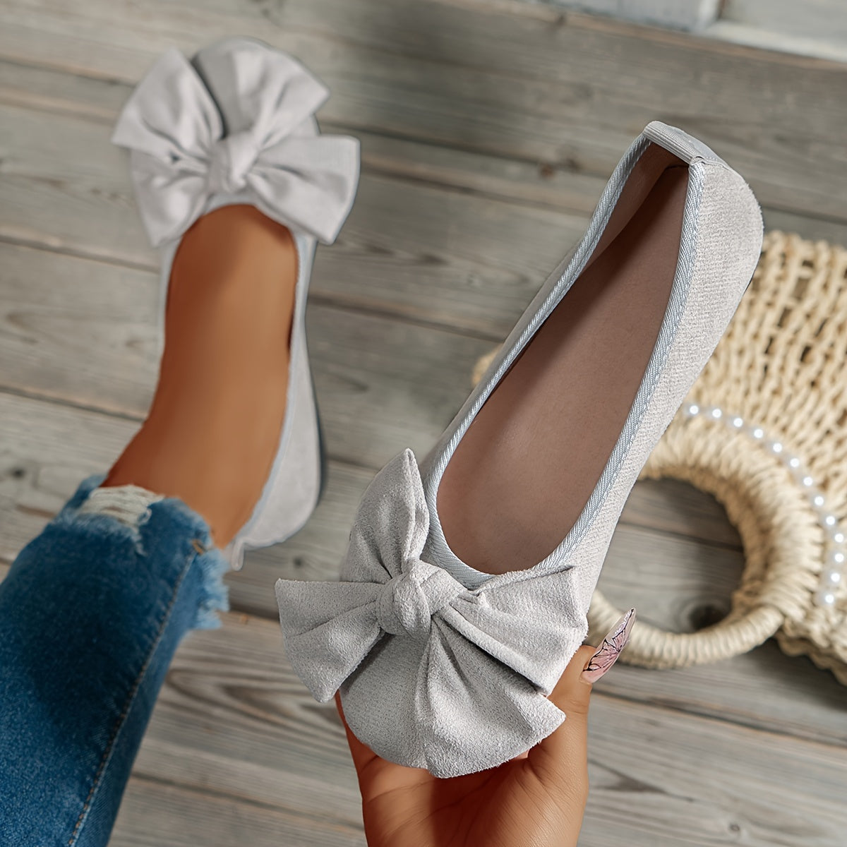Women's Flannel Bow-Knot Flats Comfortable Slip-On Round Toe Shoes