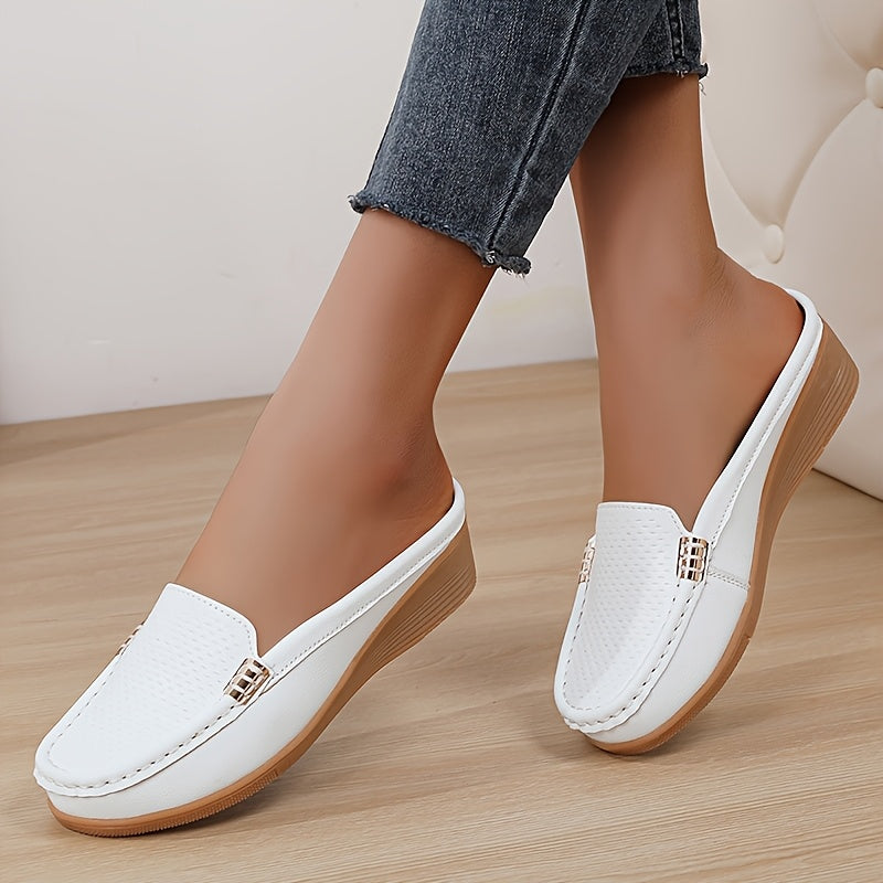 Women Slip-On Loafers Faux Leather Casual Shoes Golden Buckle All-Season