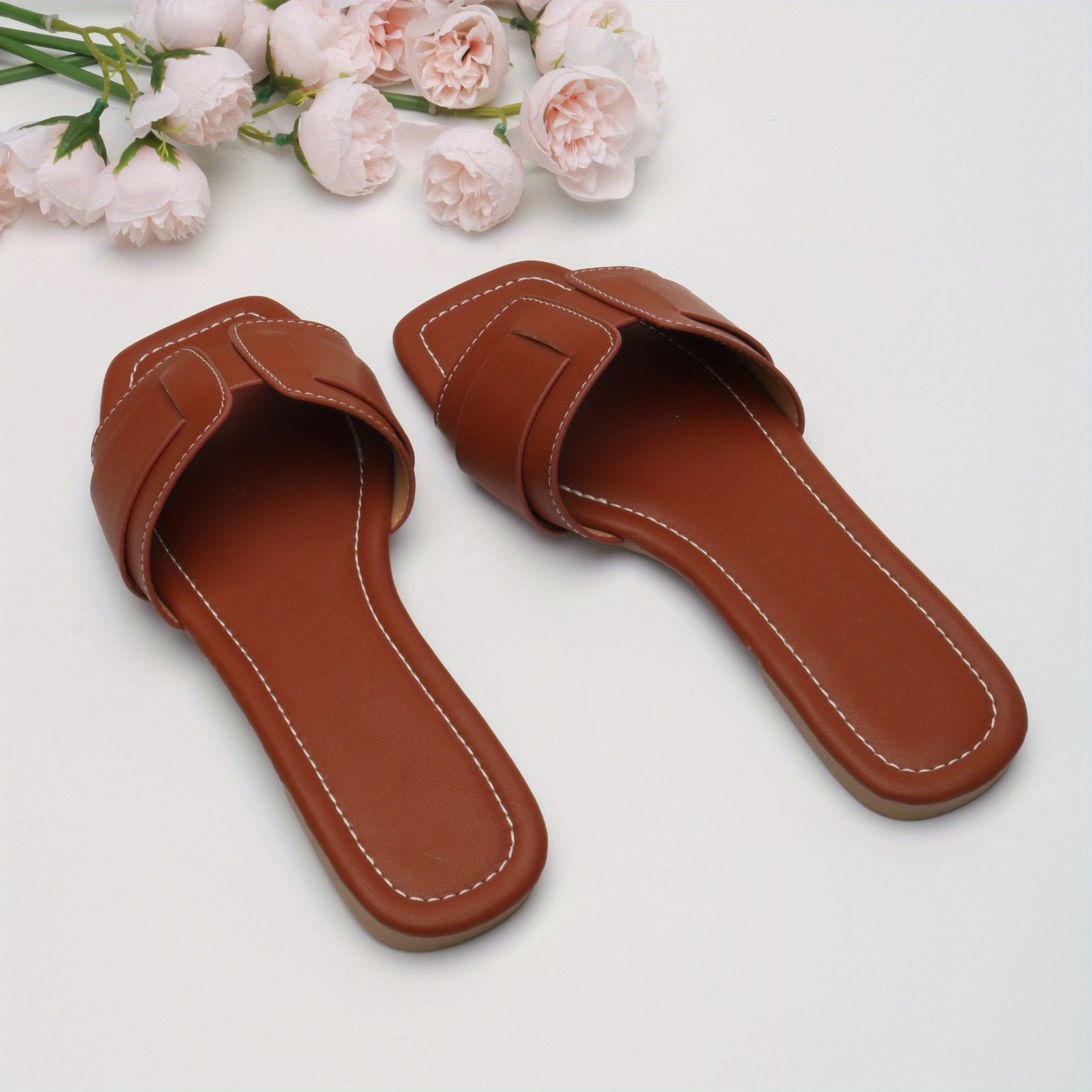 Women's Beige Flat Open Toe Sandals Slip-On Buckle Strappy Casual