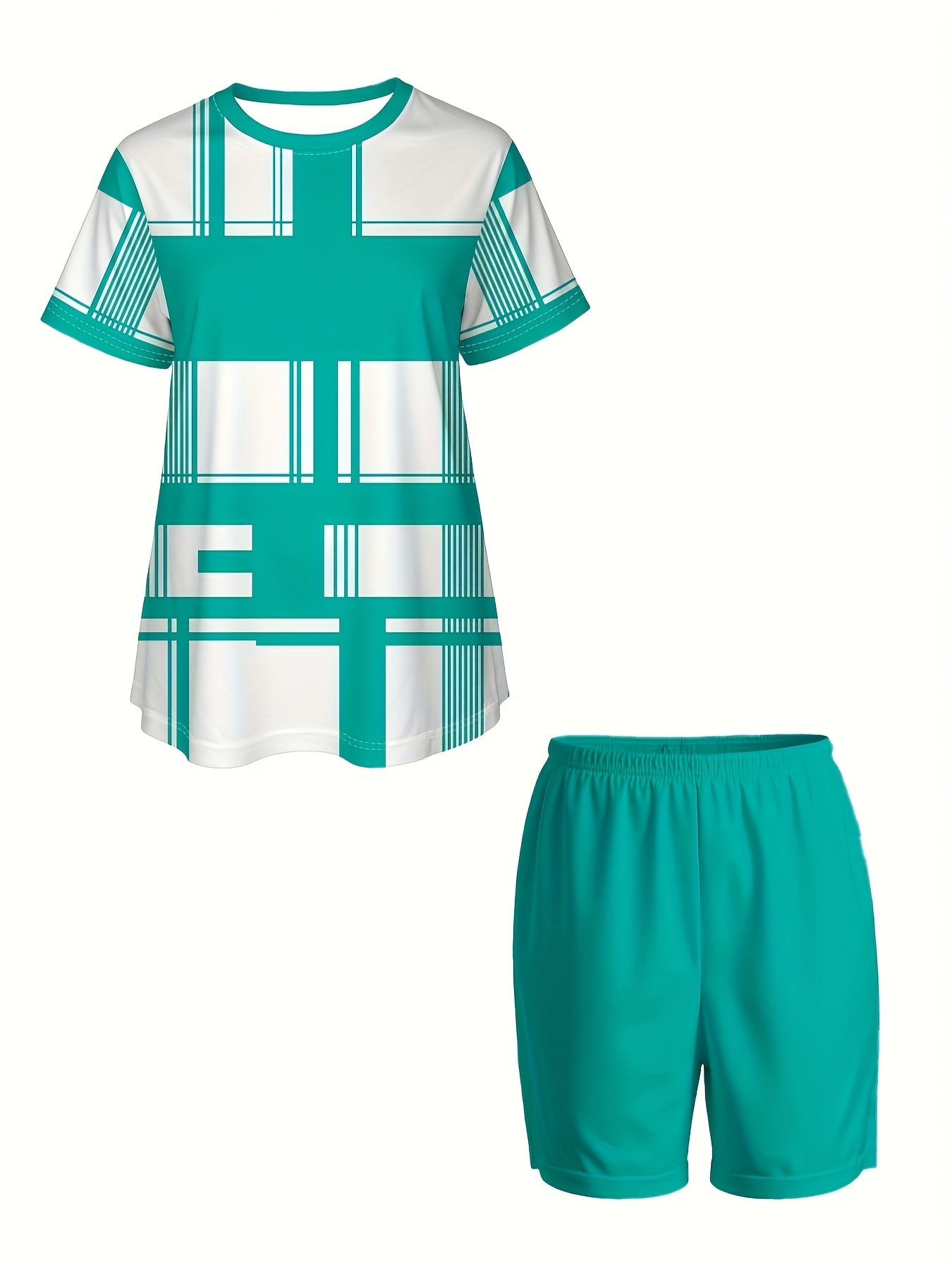 Plus Size Women’s 3D Printed Stripe Short Sleeve Top and Shorts Set Summer Casual