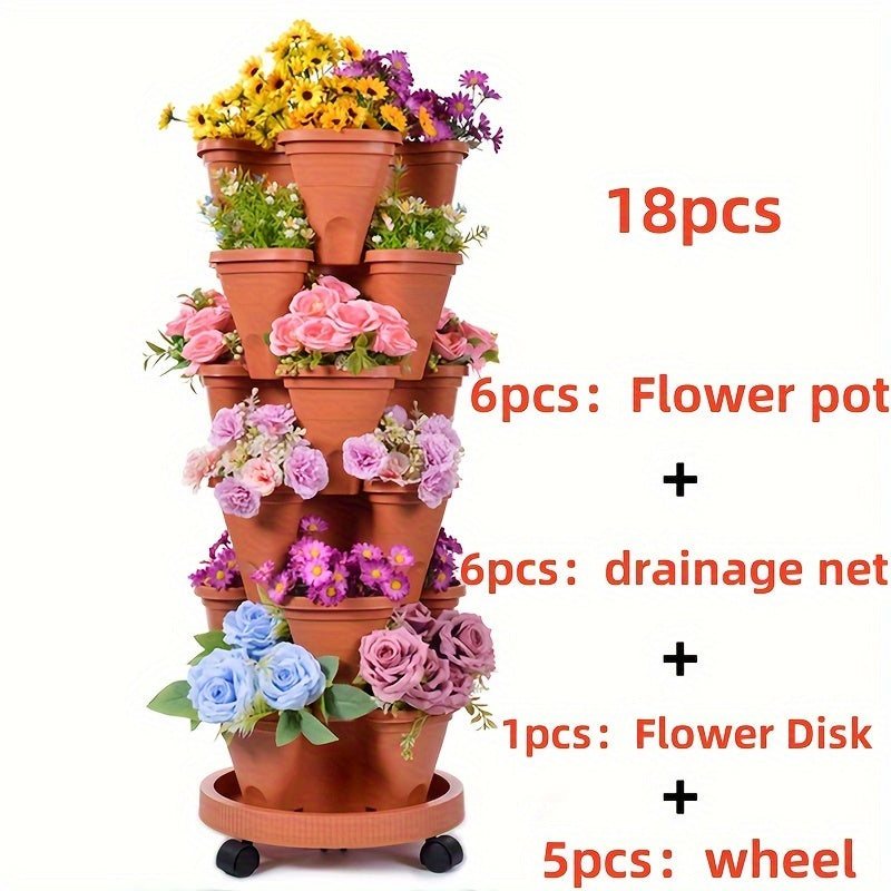16pcs 5-Layer Stackable Flower Pots with Wheels and Tools for Indoor Outdoor Gardening