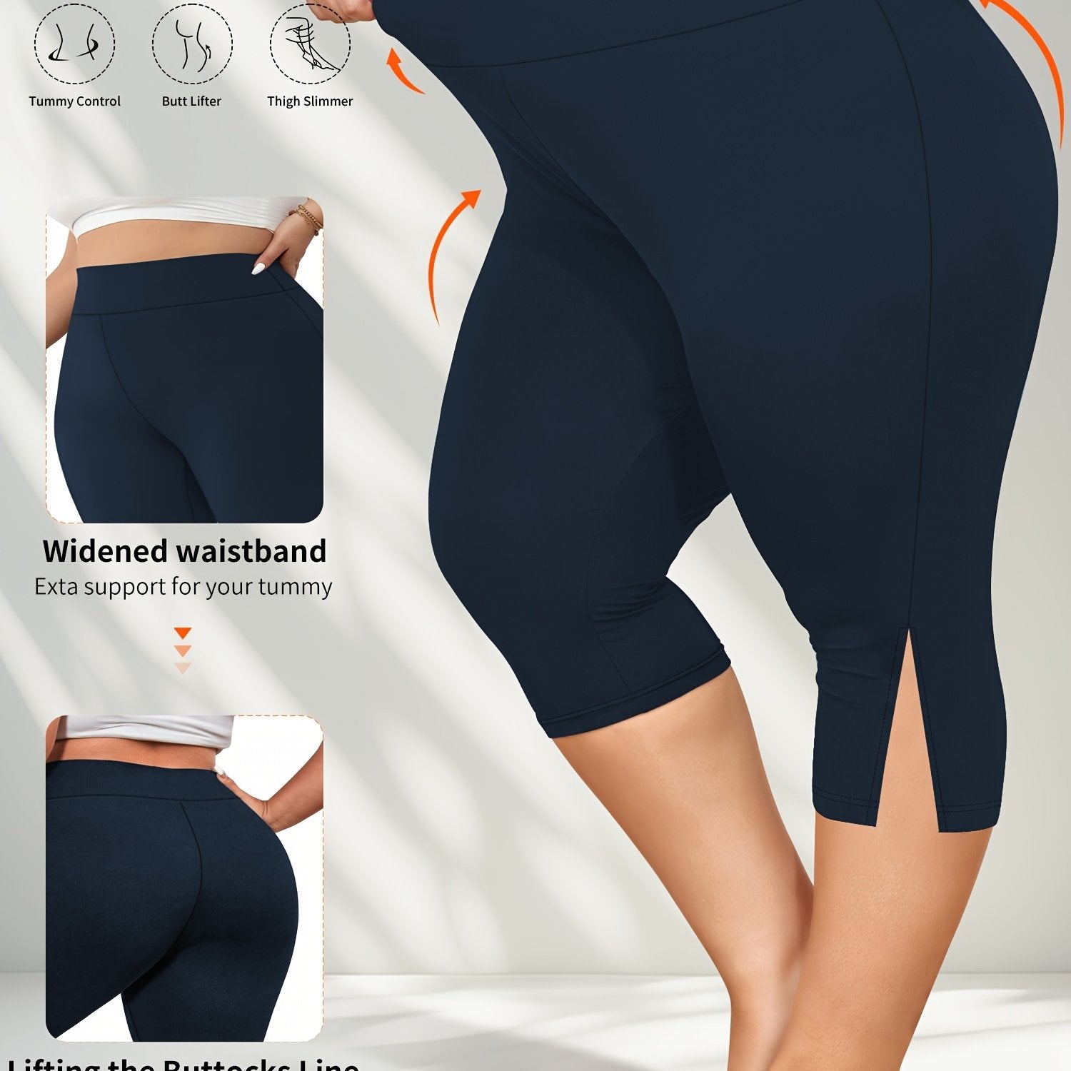 Plus Size High-Waist Knee Leggings with Side Slit Stretchy Polyester Blend