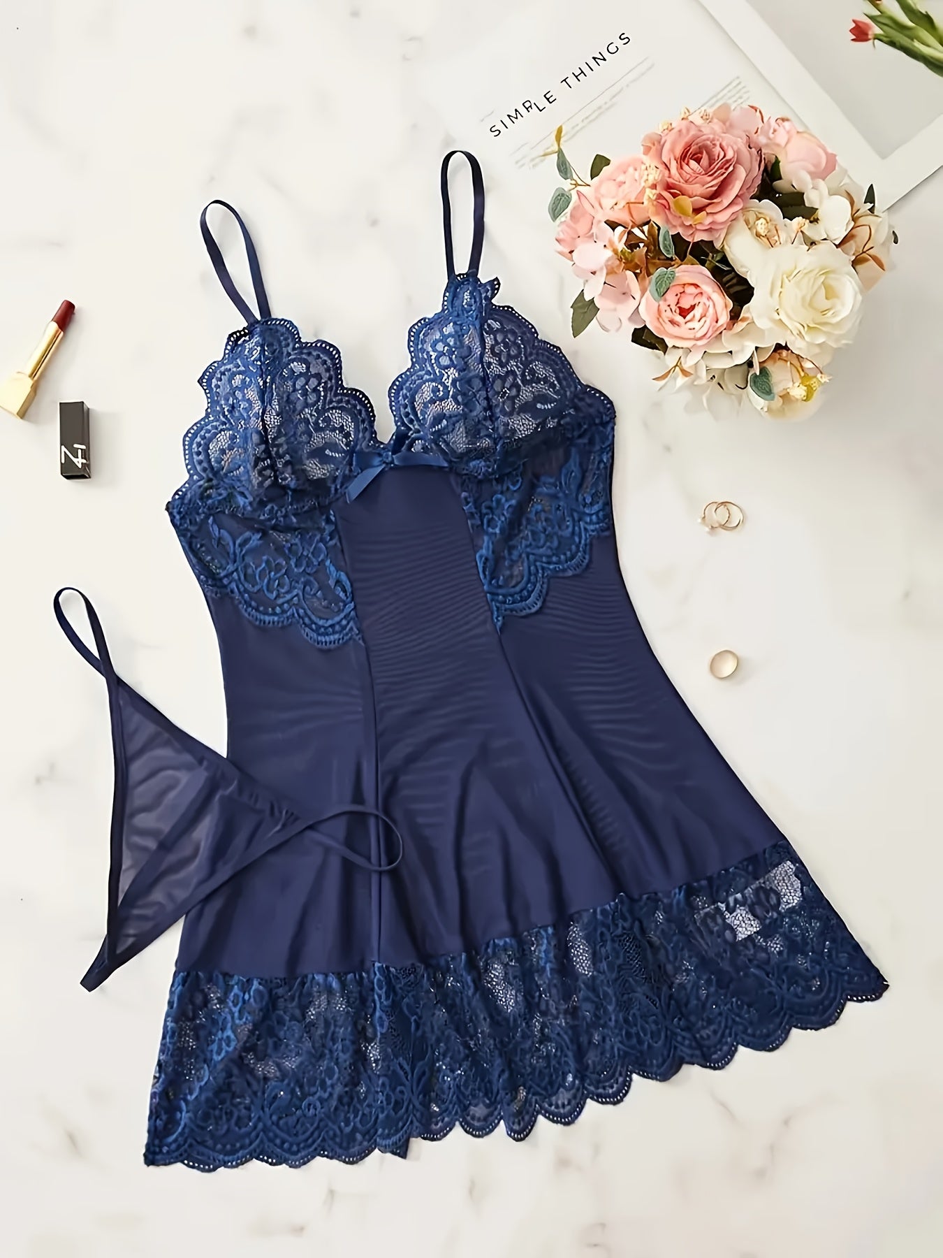 Conjunto de camisón de encaje para mujer con escote en V, poliéster y spandex, ropa de dormir