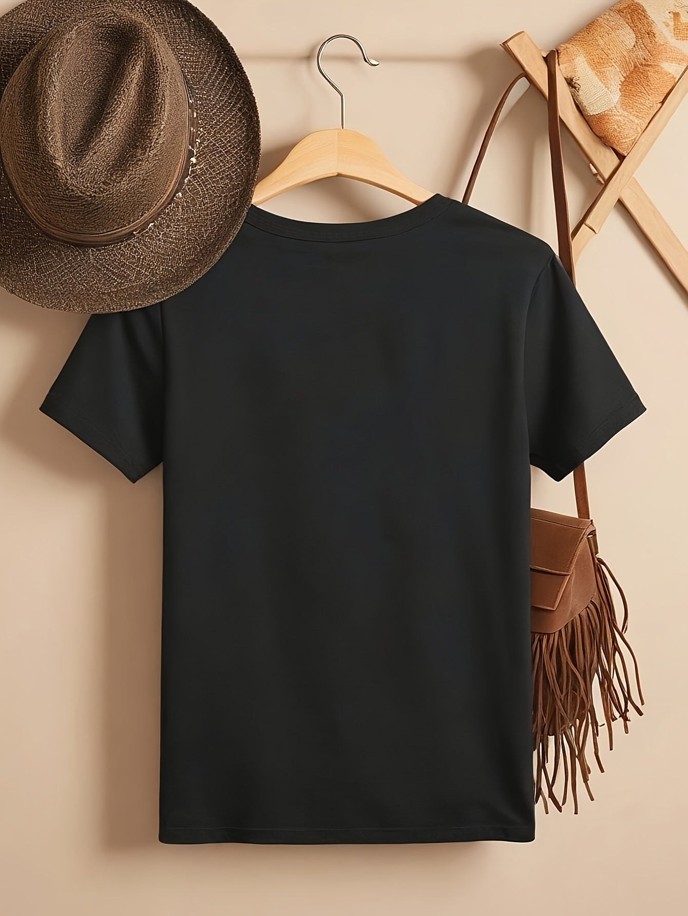 Plus Size Women's Black T-Shirt with Power Graphic Short Sleeve Casual Tee