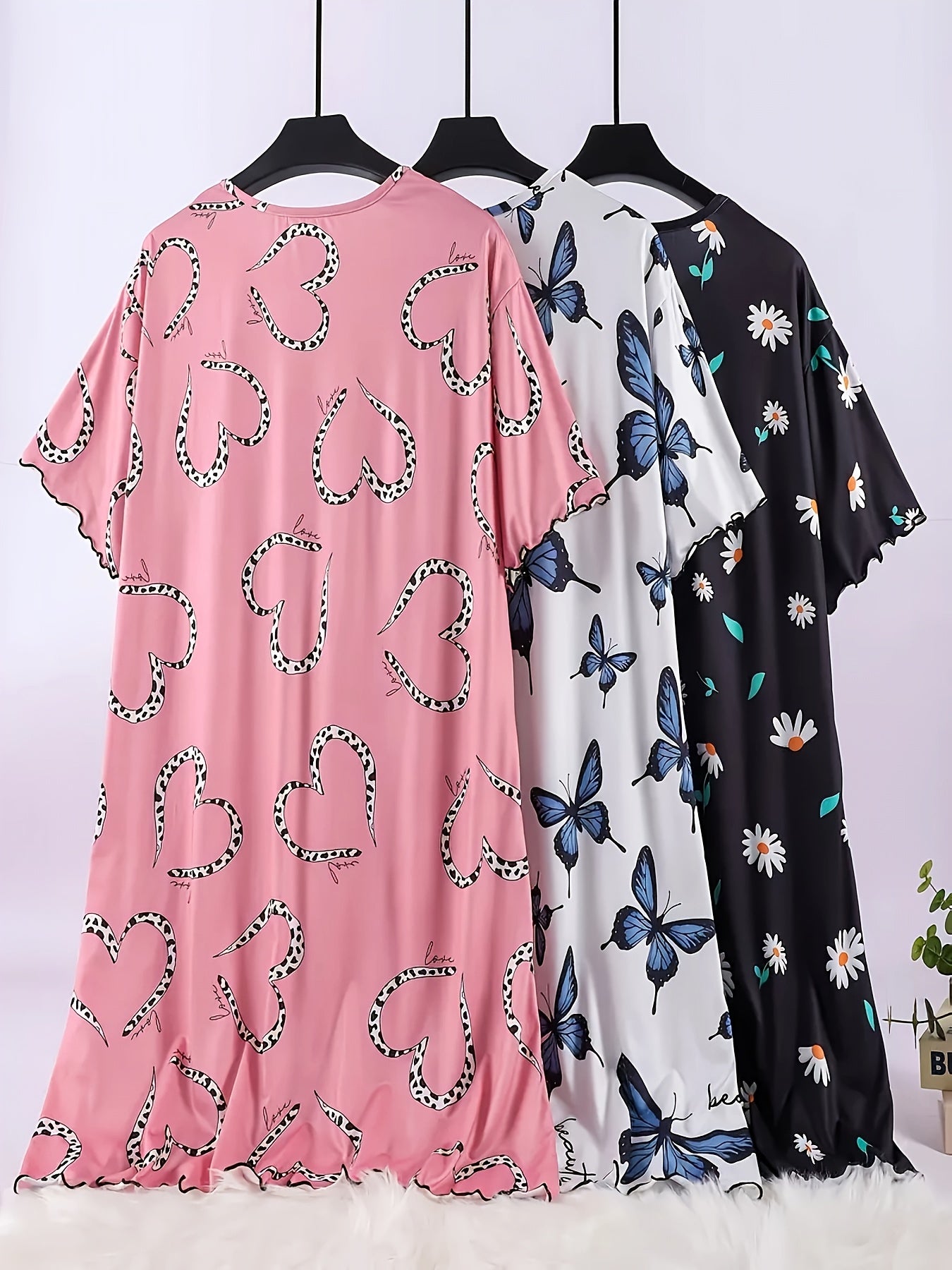 Женские ночные платья больших размеров для лета, с цветочным принтом бабочек, рюшеобразными краями, розовые, черные и белые