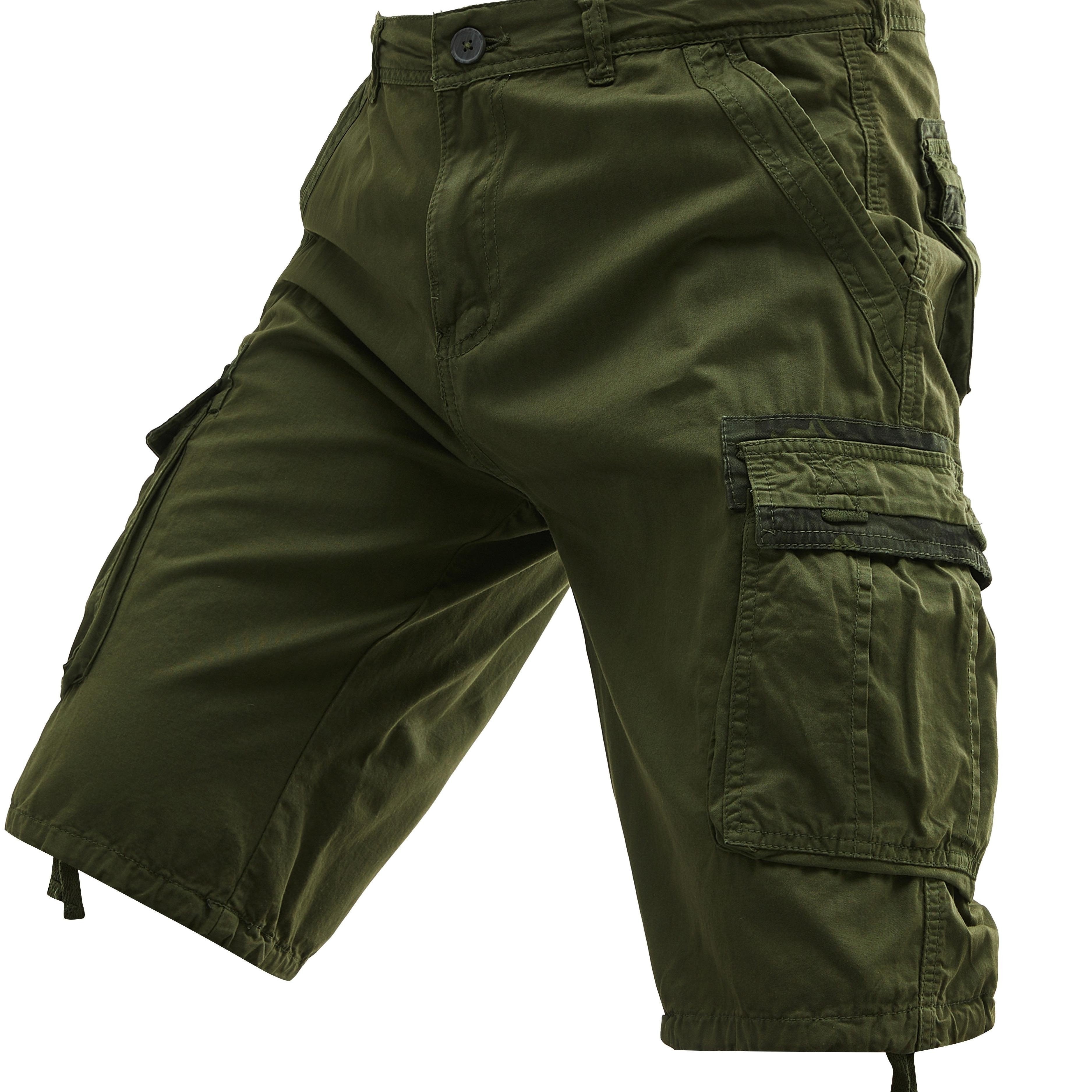 Erkaklar uchun ortiqcha kattalikdagi paxta yuk shortlari, cho'zilmaydigan, bir nechta cho'ntaklar, bir rangda, keng kesimda va to'qilgan mato.