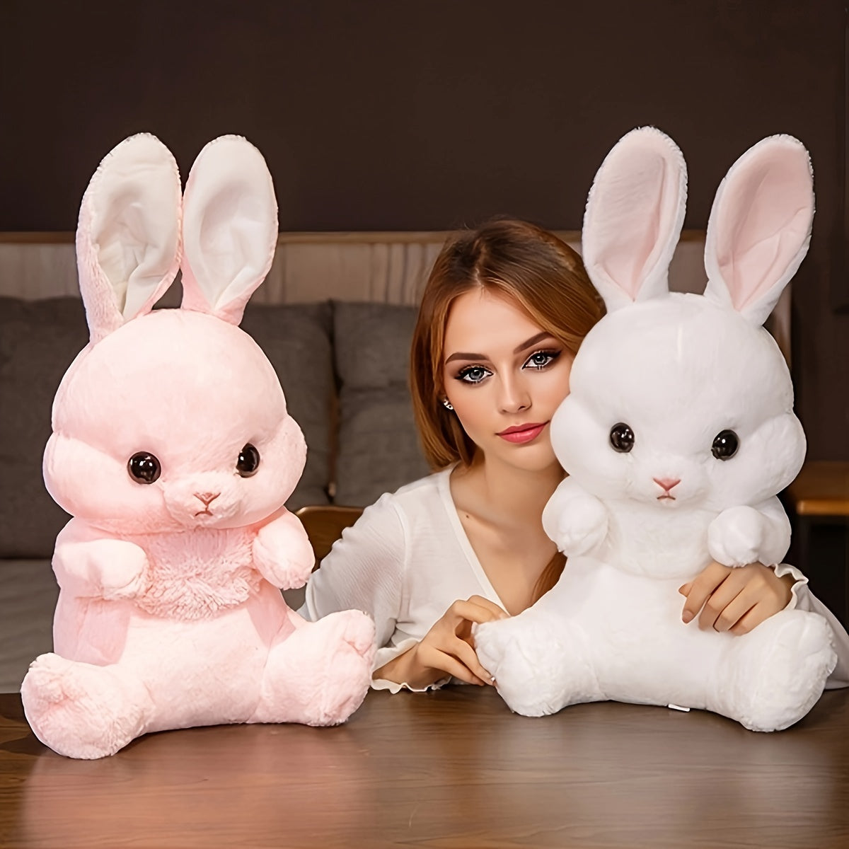 Long-Eared Bunny Plush Toy Soft Cuddly Doll Pillow for Home Decor and Gifts White Pink