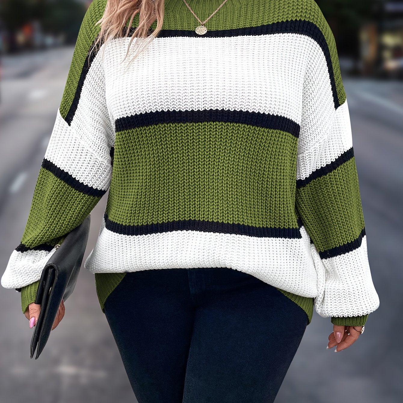 Plus Size Women's Striped Knit Sweater Long Sleeve Mock Neck Fall Winter