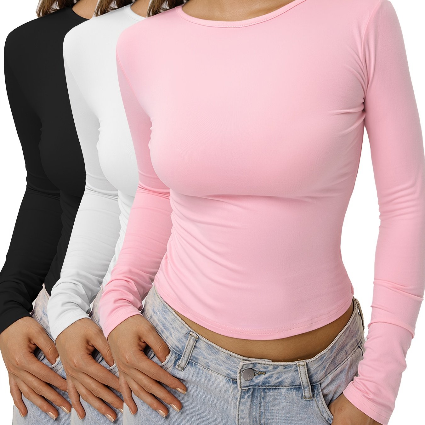 Set of 3 Solid Color Long-Sleeve Polyester T-Shirts for Adults Casual Wear