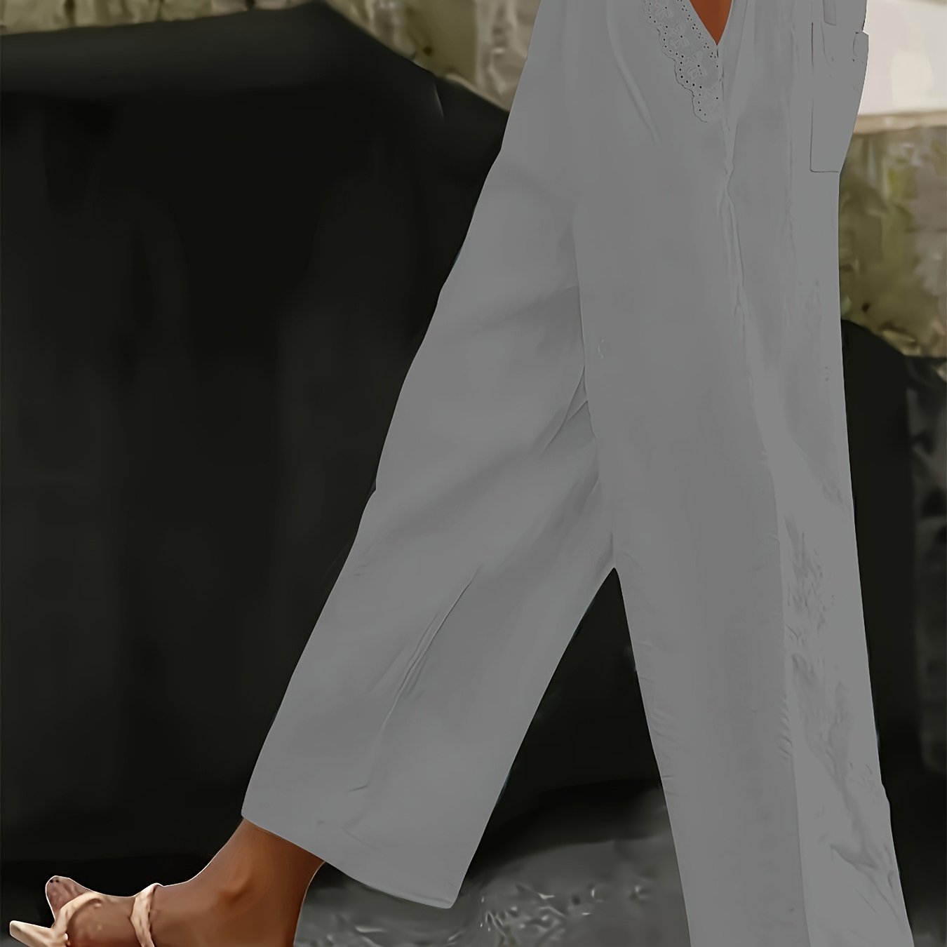 Pantalones de pierna ancha de talla grande con bolsillos con ribete de encaje, color sólido, casual, para todas las estaciones