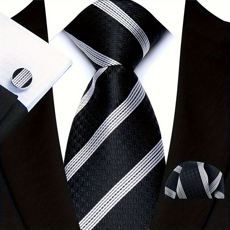Men's Plaid Pattern Tie Pocket Scarf Cuff Set for Suits Gift