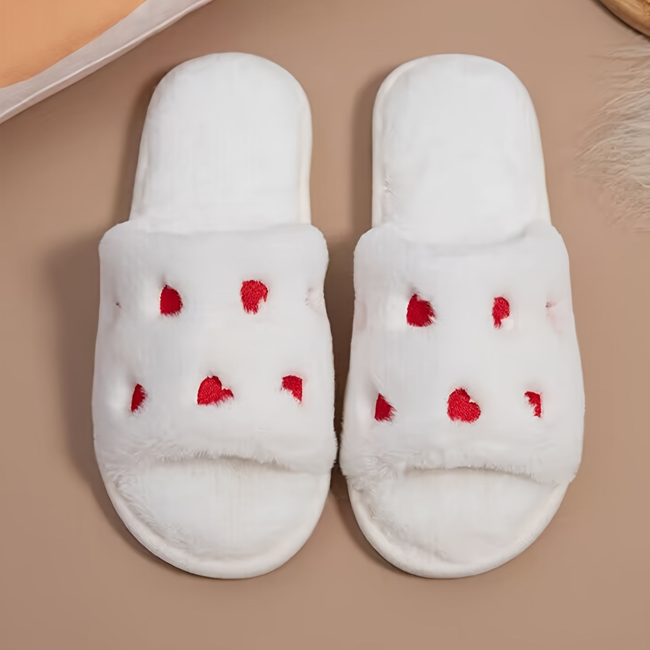 Open Toe Plush Slippers for Women Heart Pattern Indoor Casual Footwear