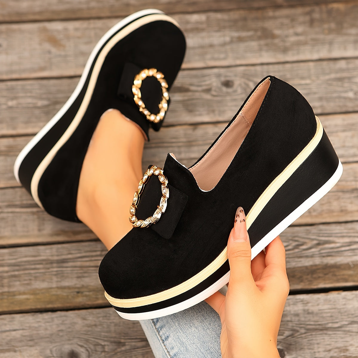 Women’s Wedge Sneakers Solid Color Slip-On Shoes Sequin Flannel Upper