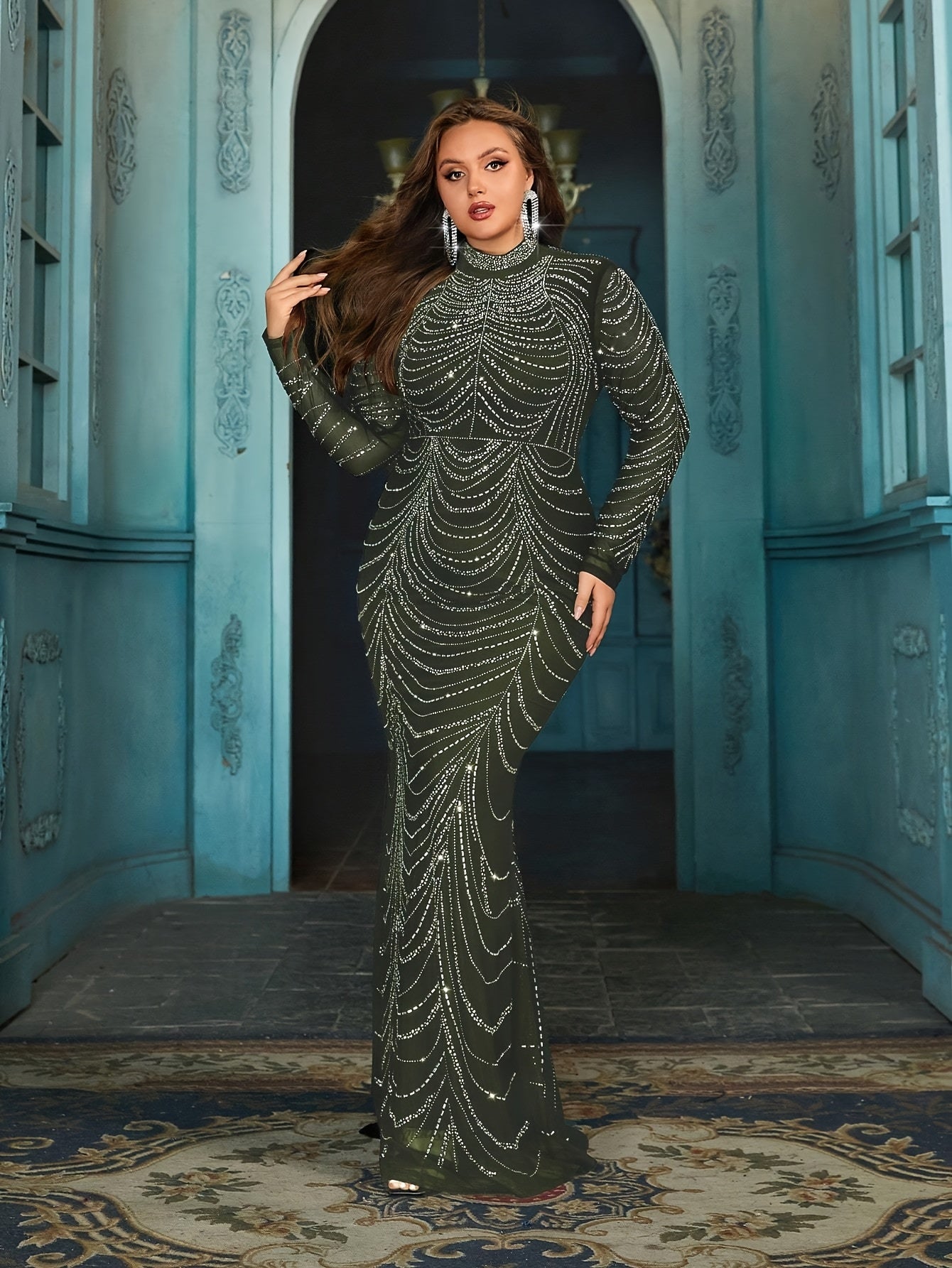 Vestido de noche formal de sirena con pedrería de talla grande para prom y boda