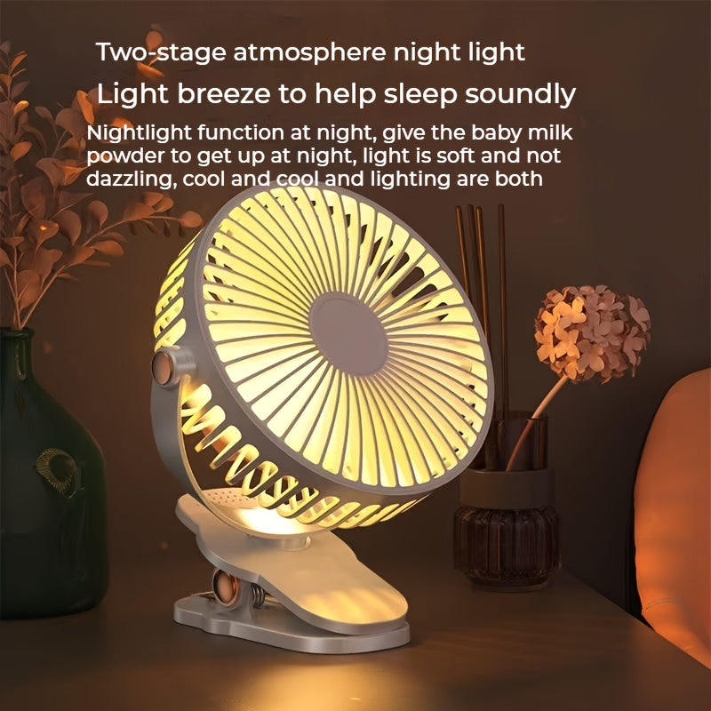 6-Inch Portable Clip-On Desk Fan with LED Night Light USB Rechargeable 5-Speed White