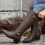 Women's Brown Faux Knee-High Boots with Metal Buckles for Casual Outdoor Wear
