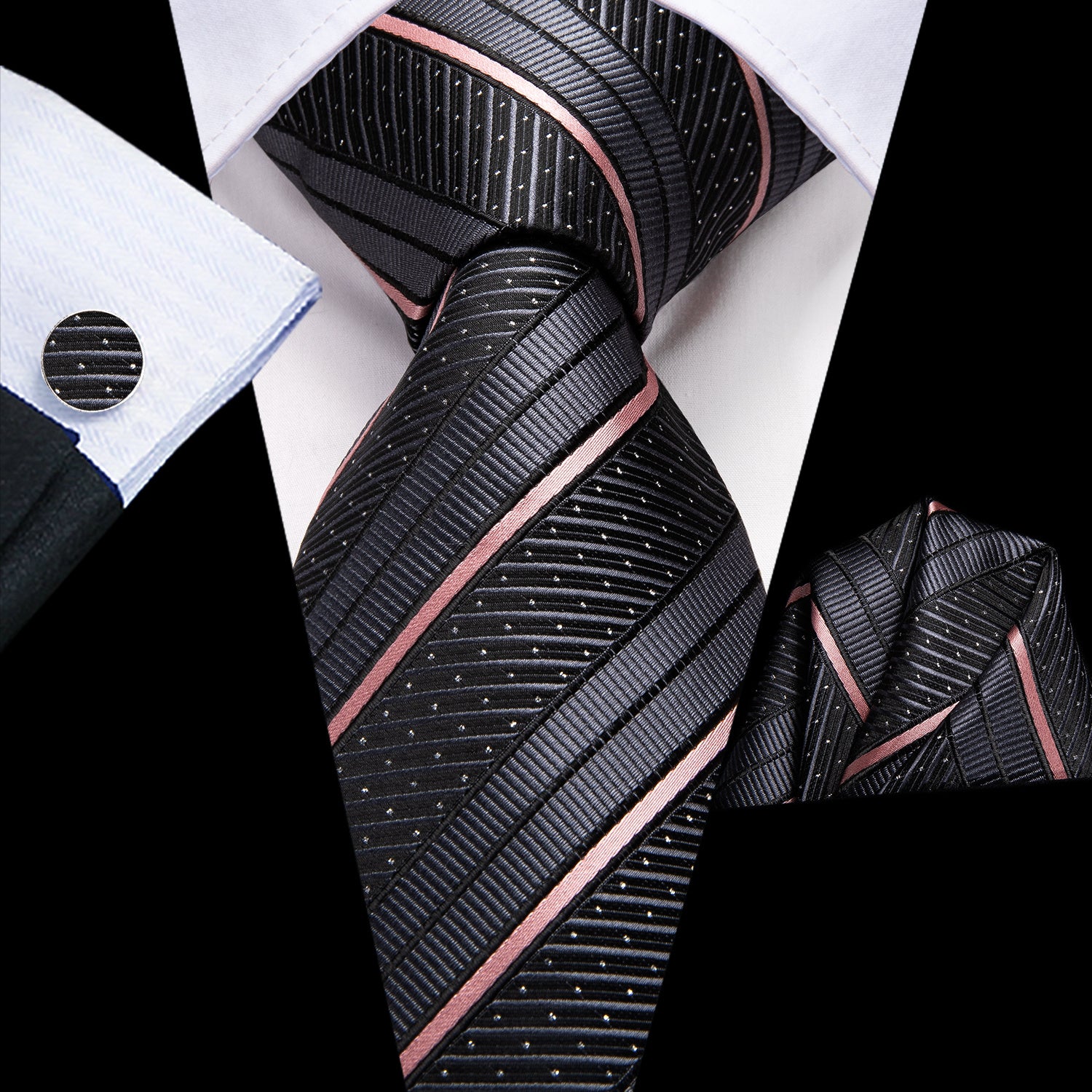 Striped Necktie Set with Cufflinks for Business, Parties, Weddings