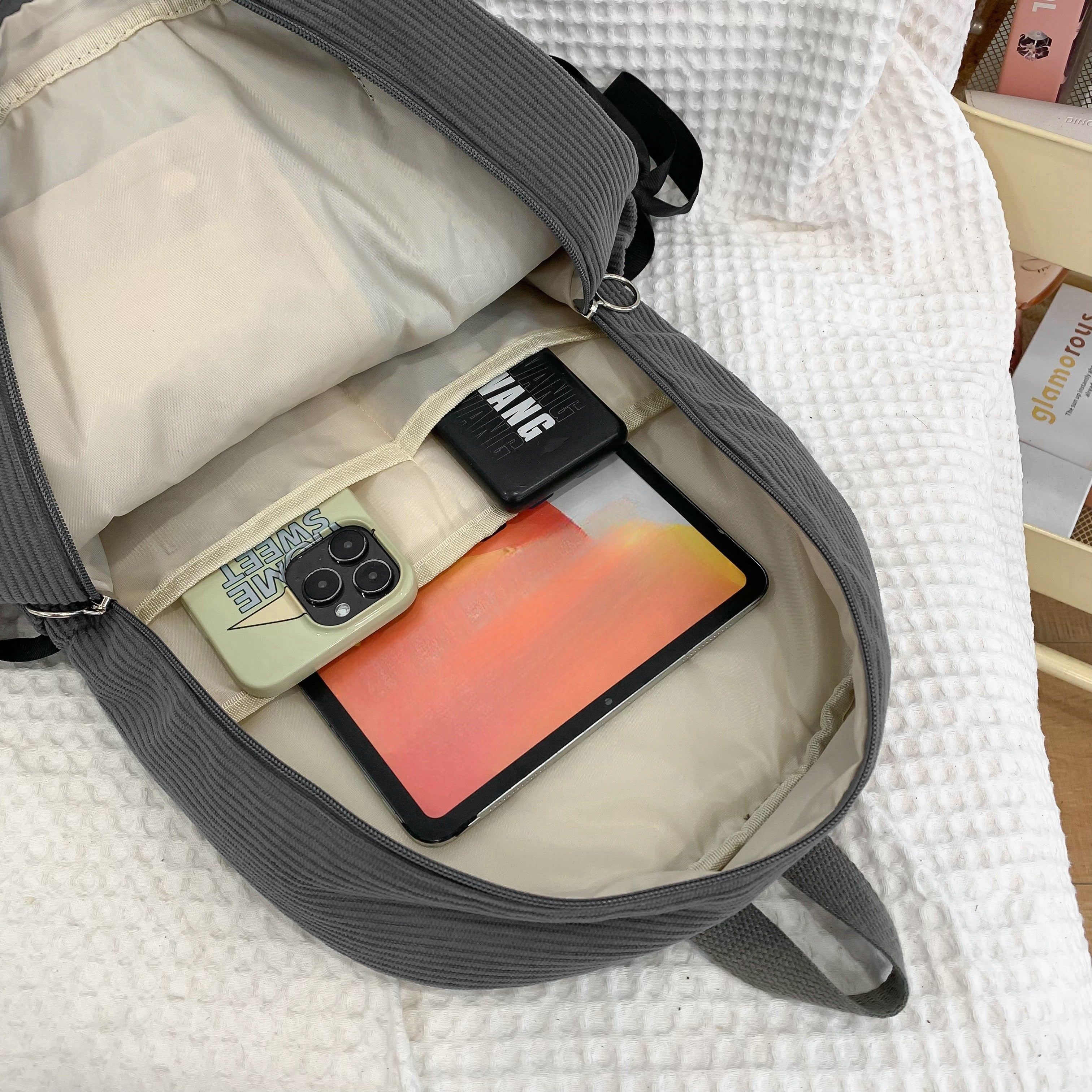 Ayollar uchun 1 dona korduroy bowknot ruksak, shirin uslub, chiziqli dizayn, sozlanadigan yelka tasmalari, noutbuk bo'limi, zip yopilishi, polyester astar, qo'l yuvish/quruq tozalash - Kundalik tasodifiy