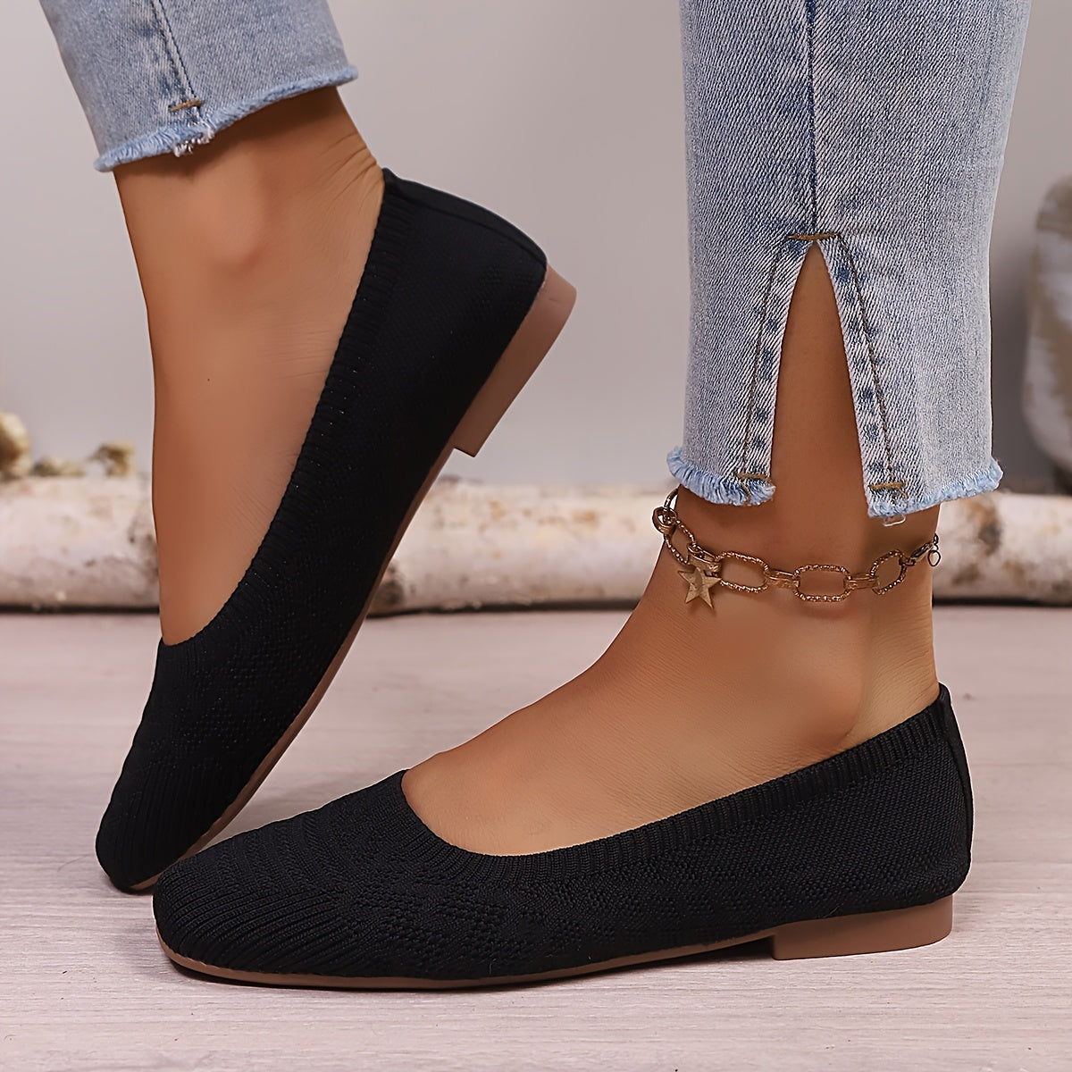 Women's Slip-On Square Toe Flats - Soft Fabric Upper Beige All-Season