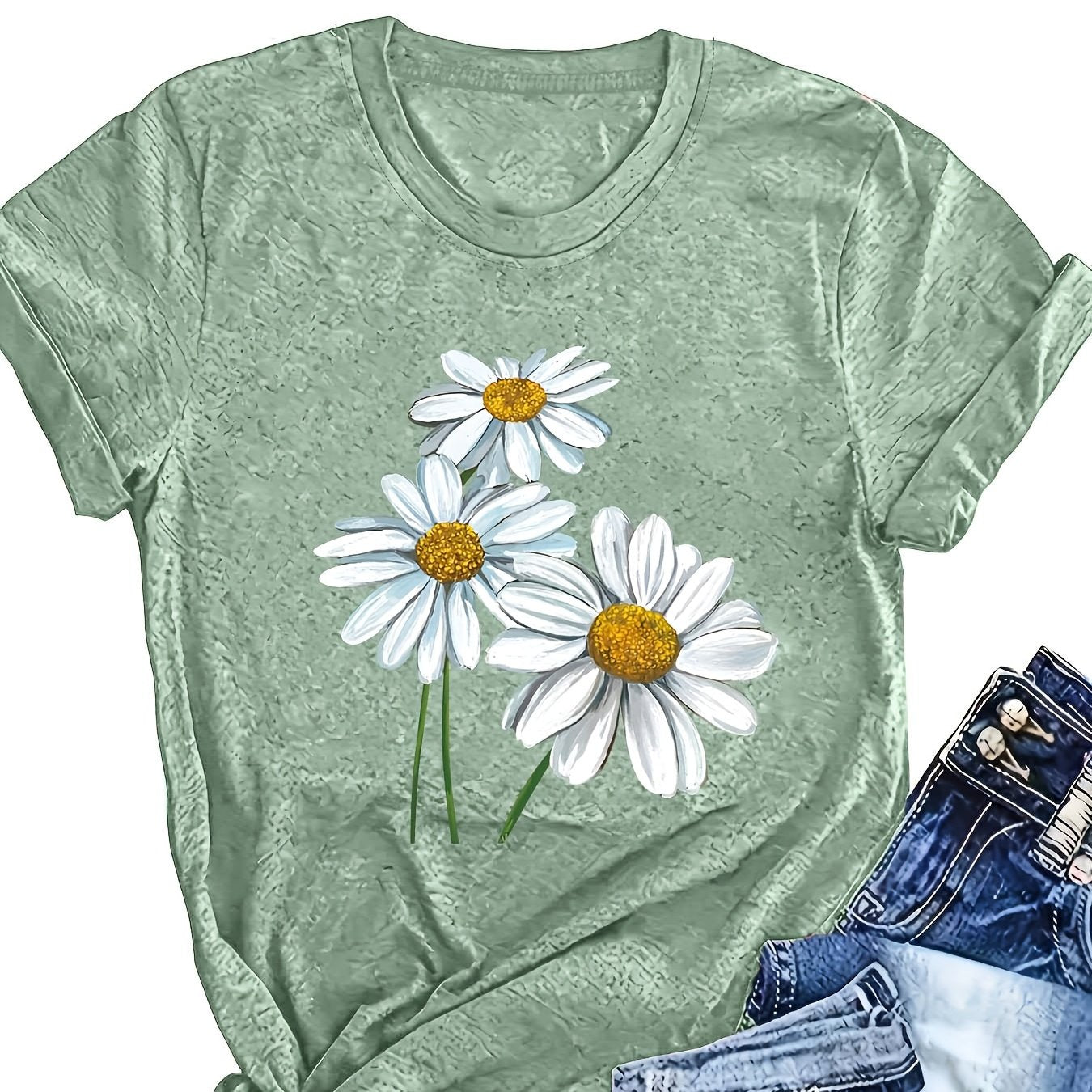 Women's Summer Floral Print T-Shirt Soft Pink Short Sleeve Breathable Top