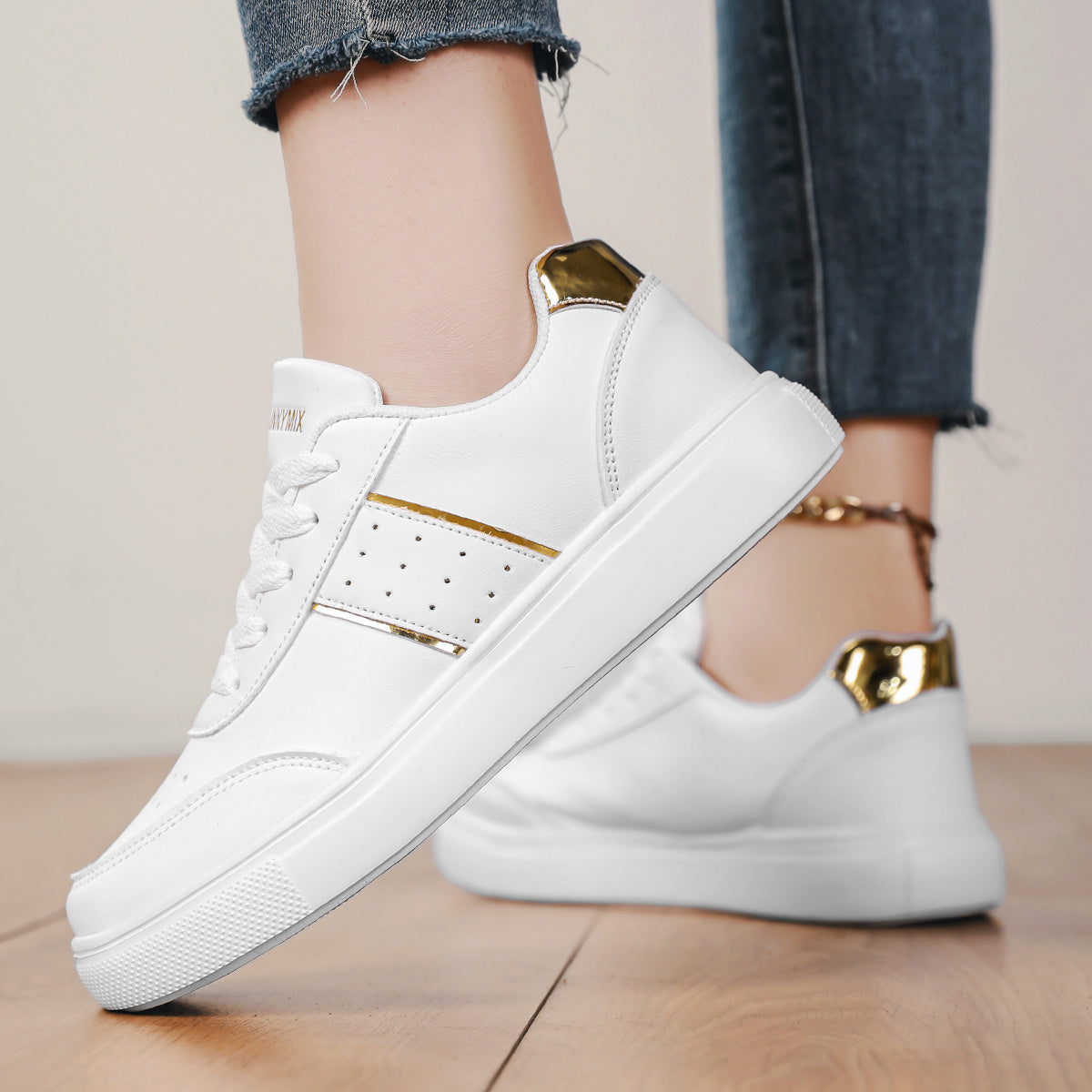 Women’s Casual Sneakers White with Gold Accents Comfortable Lace-Up Shoes