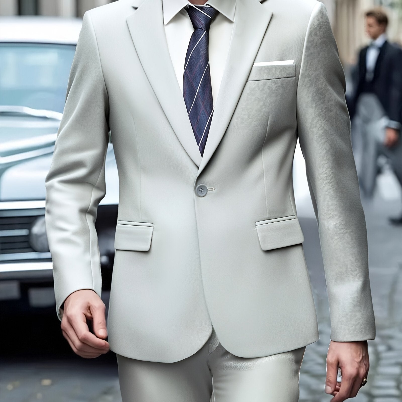 Bir xil rangdagi erkaklar kostyumi, muhrlangan cho'ntaklar, oddiy kesimli shimlar, biznes va to'ylar uchun mukammal.