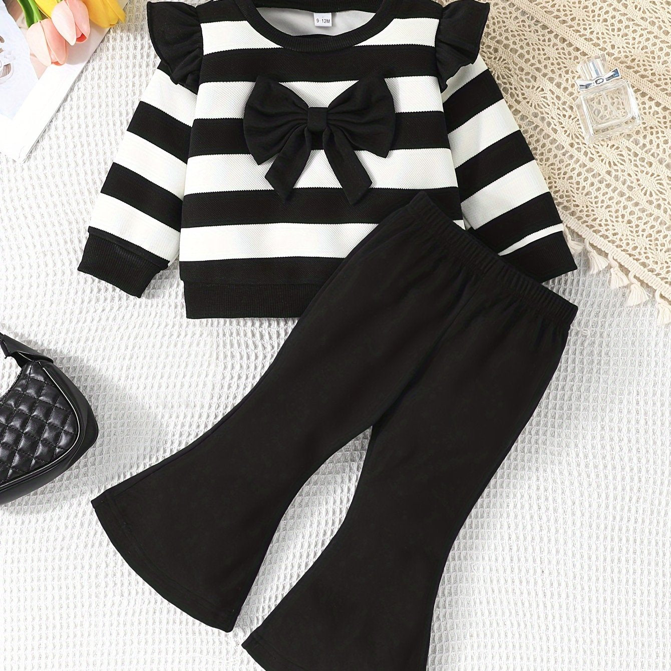 Girls Casual Outfit with Striped Top and Bell Pants for Spring and Fall