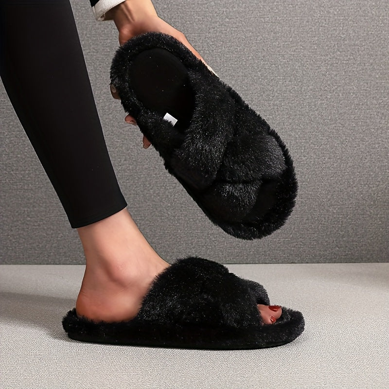 Women's Plush Non Slip Indoor Slip-On Slippers with Cross Straps