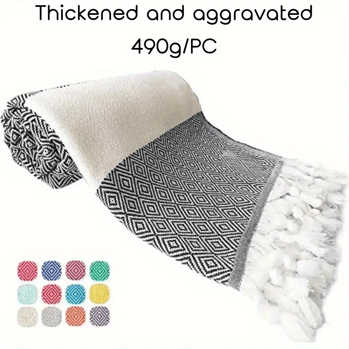 1 dona turk plyaj sochiq, jakardli romb dizayni bilan, tez quriydigan va qumga yopishmaydigan, o'lchami 71" x 39" (100 sm x 180 sm) plyaj va hammomda foydalanish uchun.