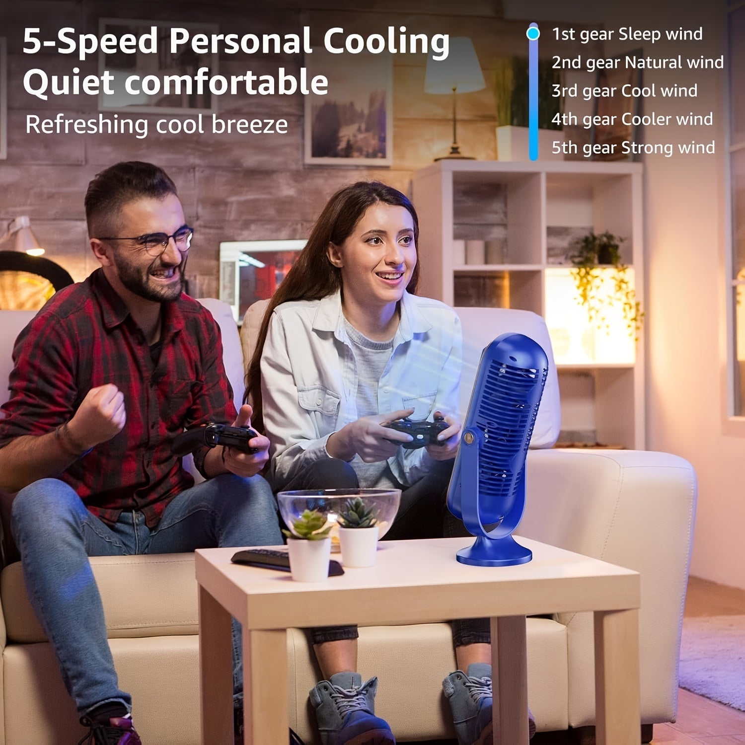 Portativ USB qayta to'ldiriladigan stol ventilyatori 5 tezlikli, kichik o'lchamli, ichki va tashqi foydalanish uchun