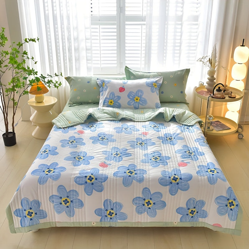 Floral Printed Quilt Set for All Seasons with Pillowcases for Single Double Bed Sofa Guest Room Home