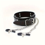 Adult Female Leather BDSM Choker with Adjustable Nipple Clamps 52cm