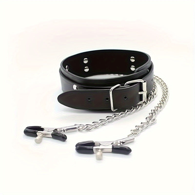 Adult Female Leather BDSM Choker with Adjustable Nipple Clamps 52cm
