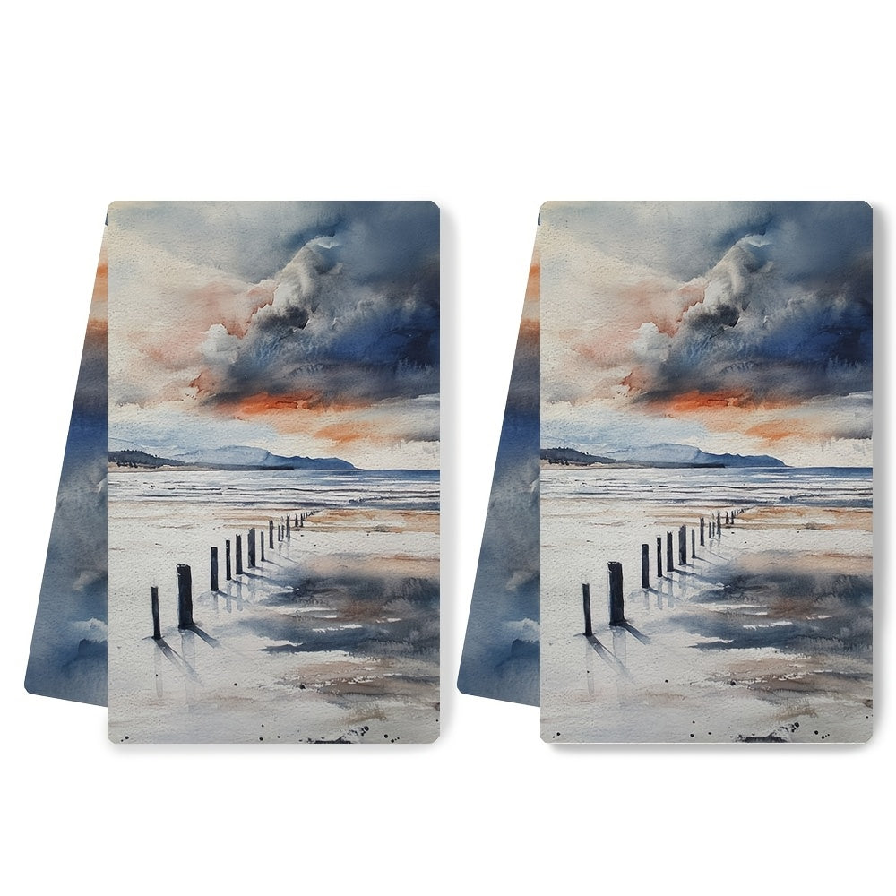 Set of 2 Sea View Kitchen Towels 16x24 Inch Soft Absorbent Holiday Decor