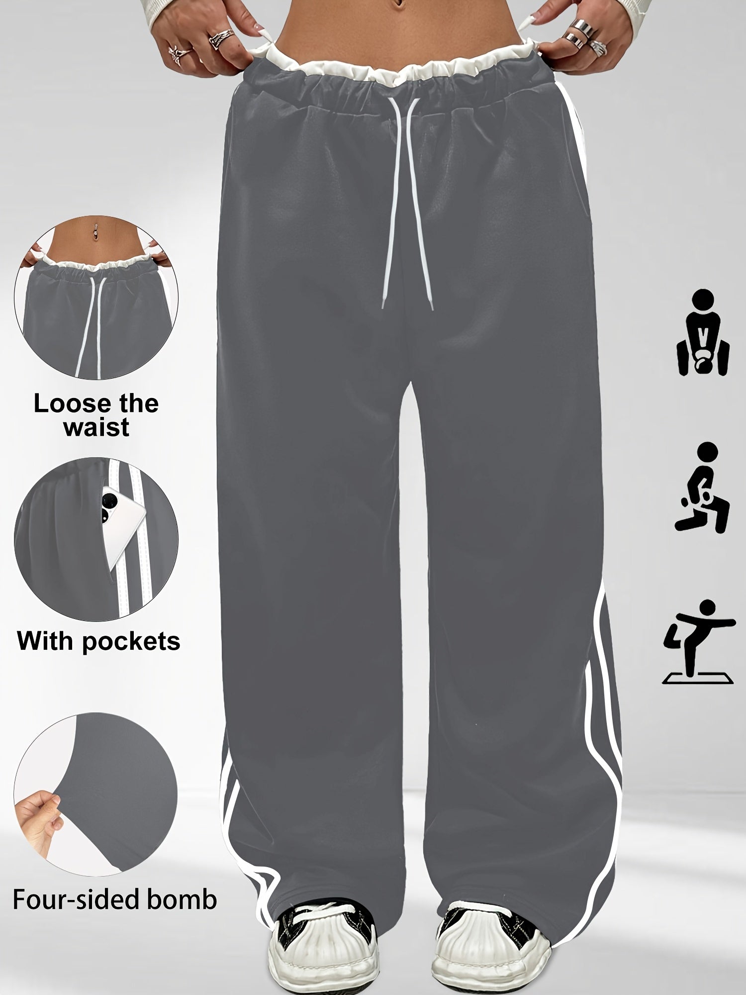 Pantalones casual de mujer de talla grande con cintura alta, rayas laterales y cordón ajustable