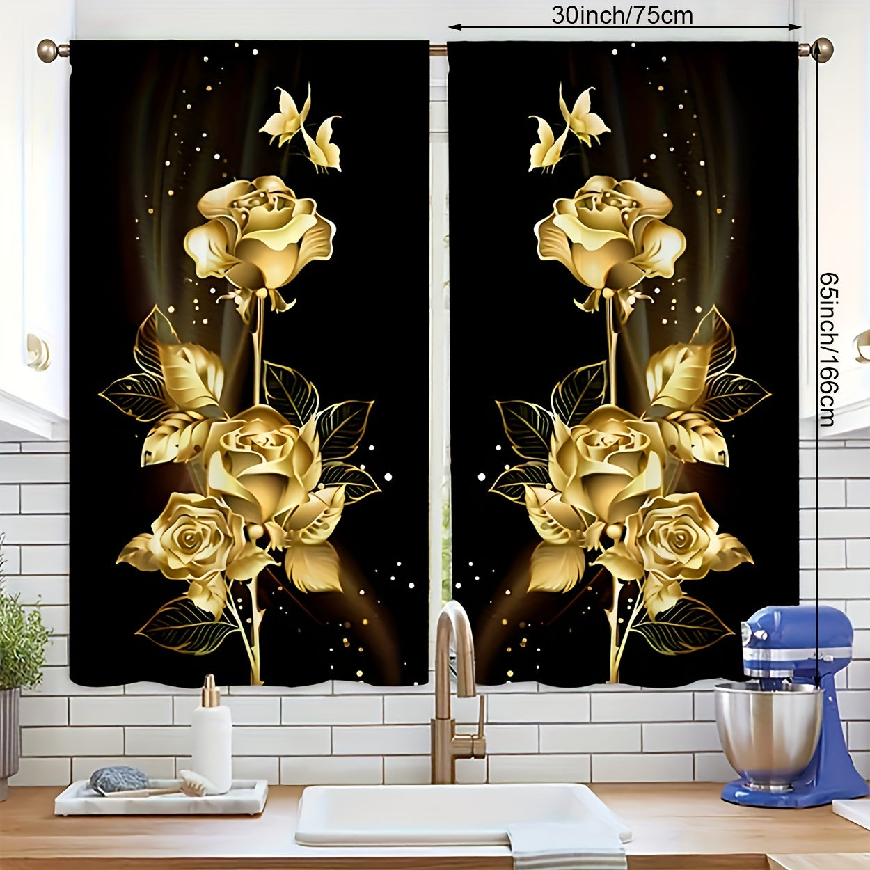 Semi-Transparent Polyester Curtains with Golden Roses and Butterflies for Living Room or Bedroom