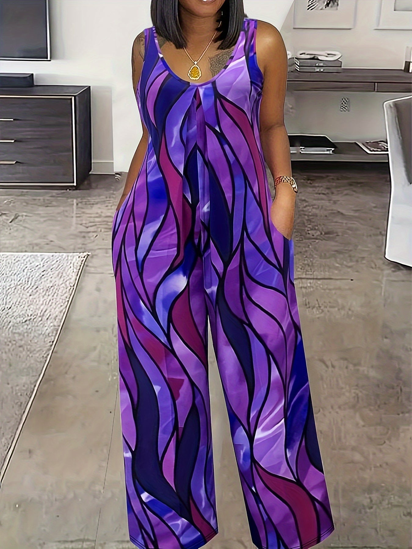 Plus Size Sleeveless Print Jumpsuit with Pockets for Women
