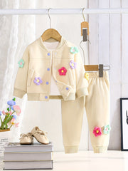 Conjunto de ropa para bebé niña de 2 piezas, conjunto colorido con flores, chaqueta varsity y pantalones casuales para niñas pequeñas, primavera y otoño