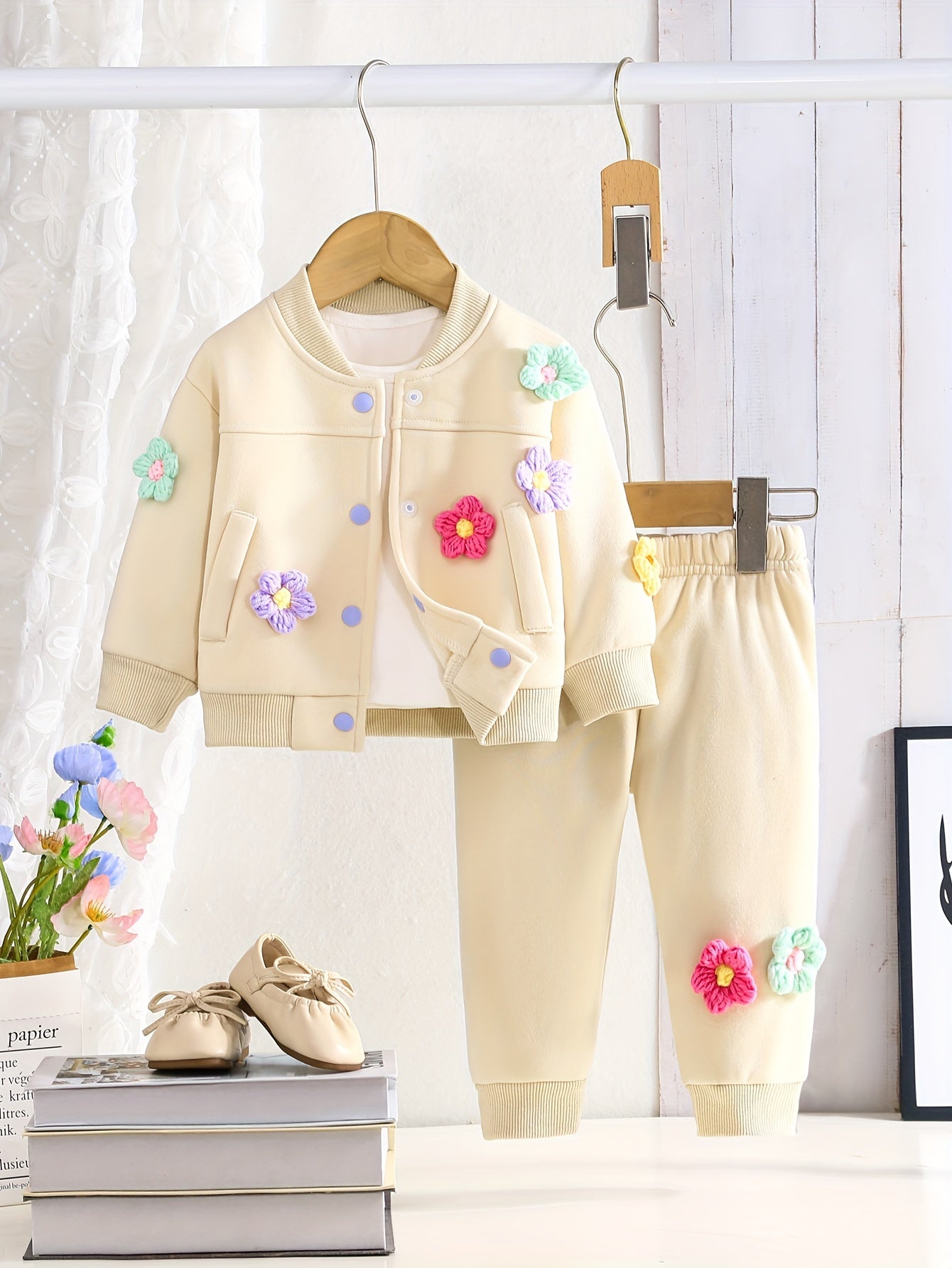 Conjunto de ropa para bebé niña de 2 piezas, conjunto colorido con flores, chaqueta varsity y pantalones casuales para niñas pequeñas, primavera y otoño
