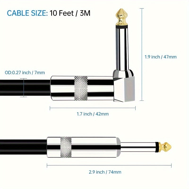 Low-Noise 1/4 Inch Guitar Cable with Right Angle Connectors 3.05m or 6.1m Black