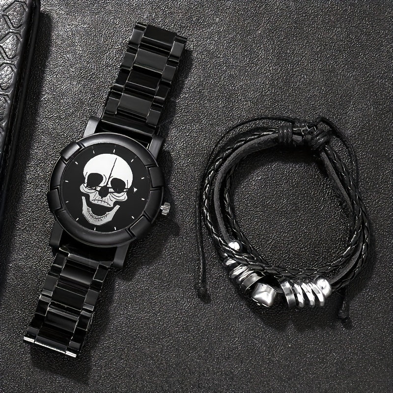 Men's Quartz Wristwatch and Bracelet Set with Skull Dial and Leather Band
