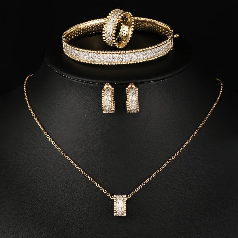 Women's Gold Plated Copper Jewelry Set with Synthetic Zirconia Necklace Earrings Bracelet Ring