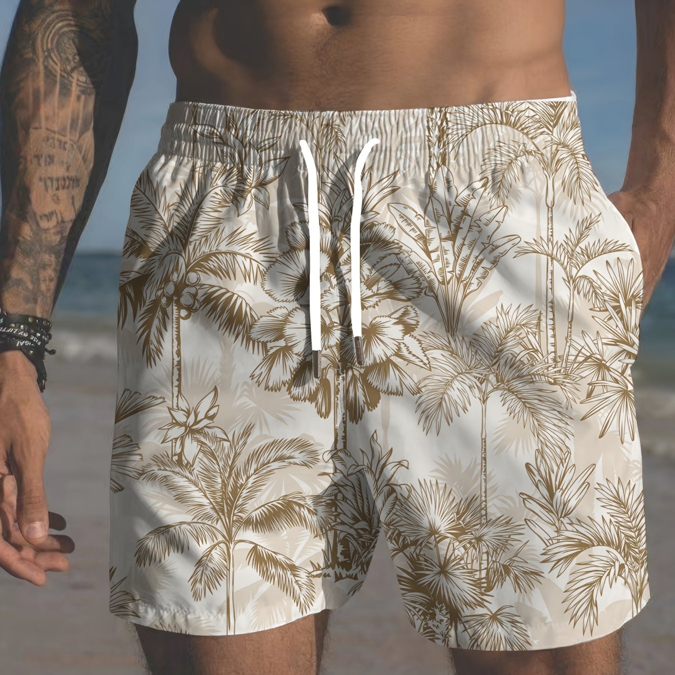 Bermudas de playa para hombre talla plus con estampado de palmeras y bolsillos, traje de baño
