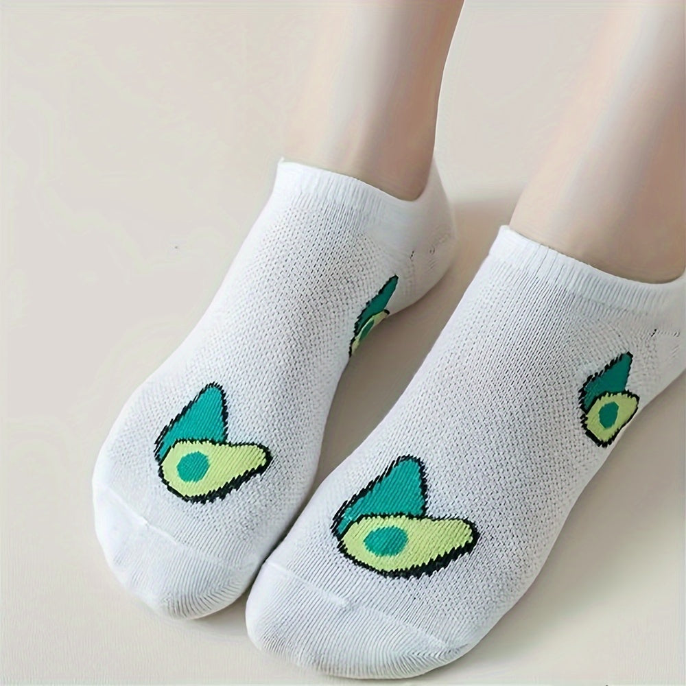 Women's Avocado Print Low Cut Ankle Socks 5 Pairs Lightweight Cotton Blend