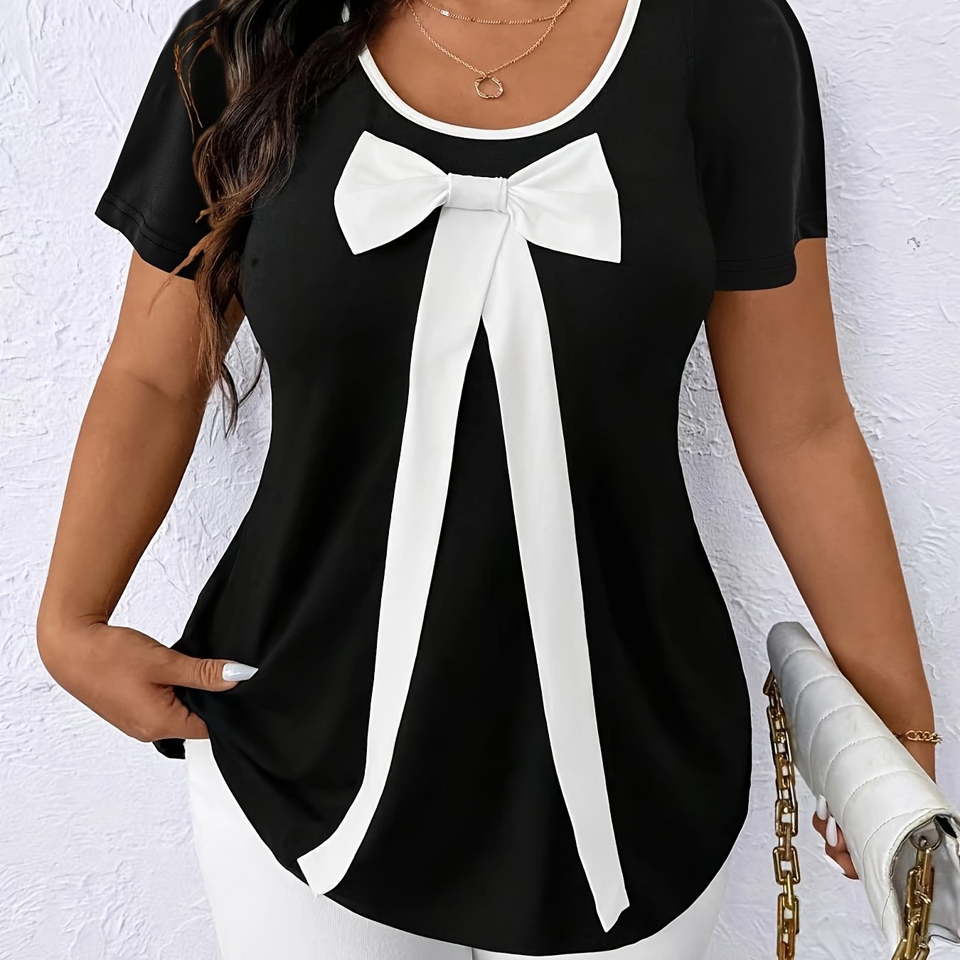 Топ женский большого размера с контрастным бантом Navy Blue White, короткий рукав, повседневная летняя блузка