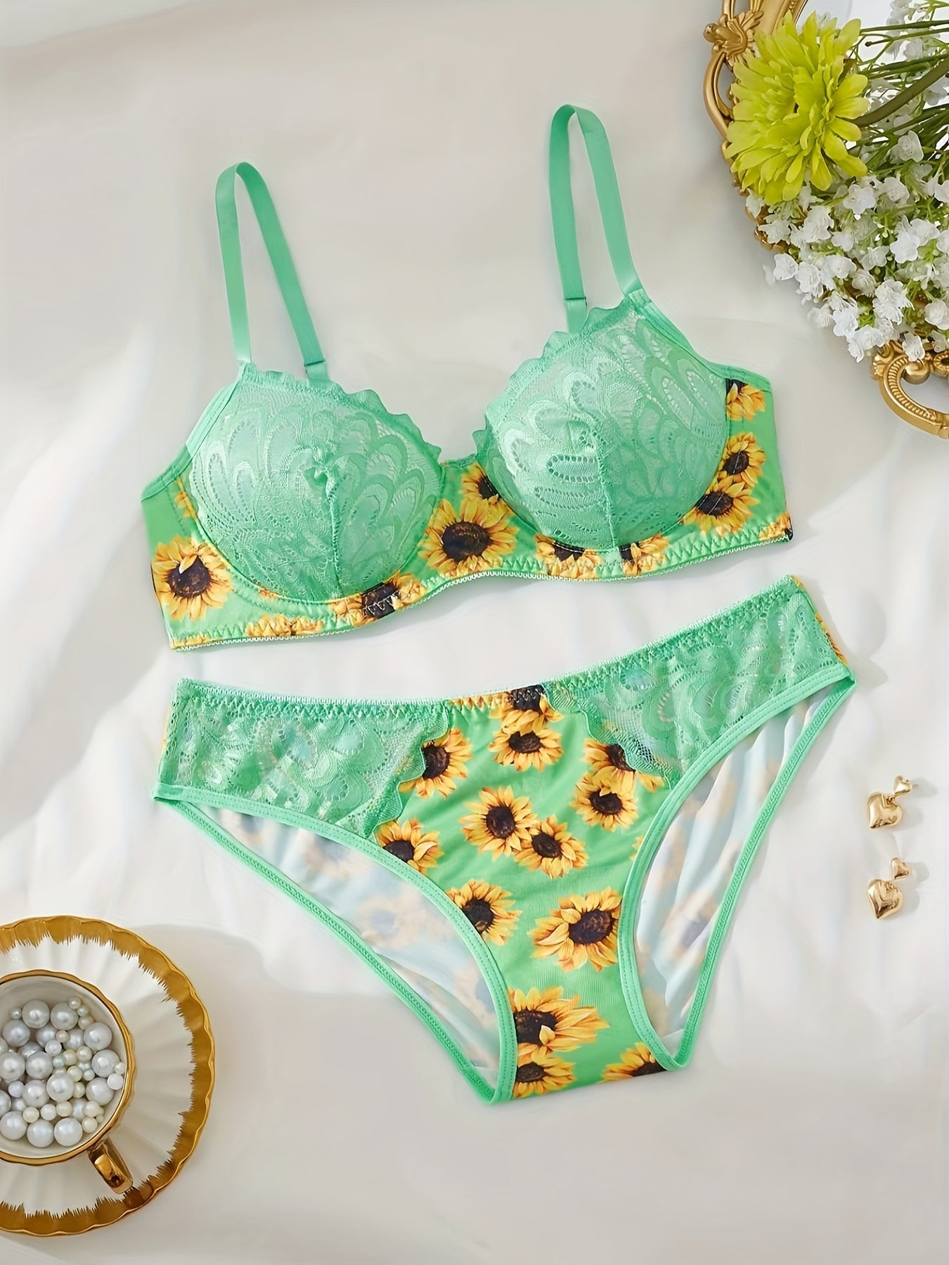 Women's Floral Lace Bralette and Briefs Set Underwear Lingerie