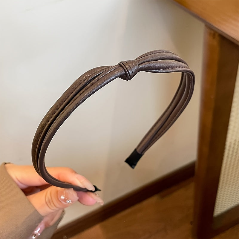 Women's PU Leather Hairbands Set of 5 Wide Side Headbands with Cross Knot Design